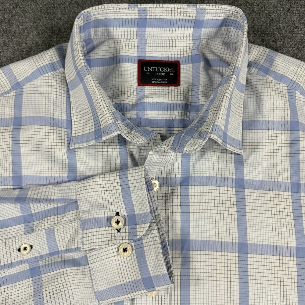 Untuckit Shirt Mens Large White Blue Plaid Performance Button Up Casual Chatus